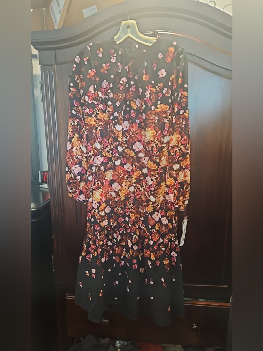 Maggy London Black Floral Midi Dress with Pink and Gold Blooms